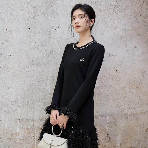 奢姿大码女装2025秋季减龄亮片粗花拼接连衣裙胖妹妹时尚圆领裙子9953894242 商品图2