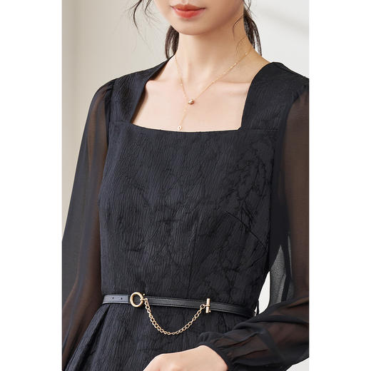 剩S/M/XL/L 米思阳2026春季新款复古优雅提花方领大摆裙子质感长袖连衣裙0015 商品图7