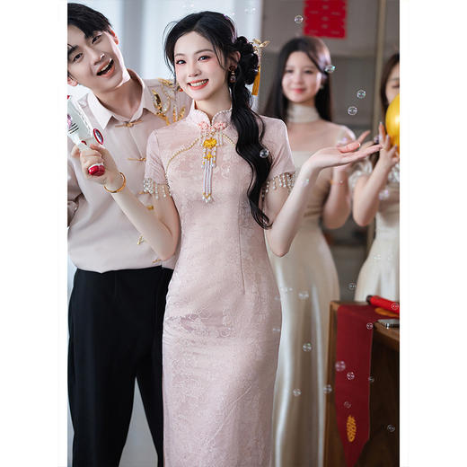 2025新款粉色旗袍订婚礼服裙新中式绝美敬酒服LSB3763 商品图0