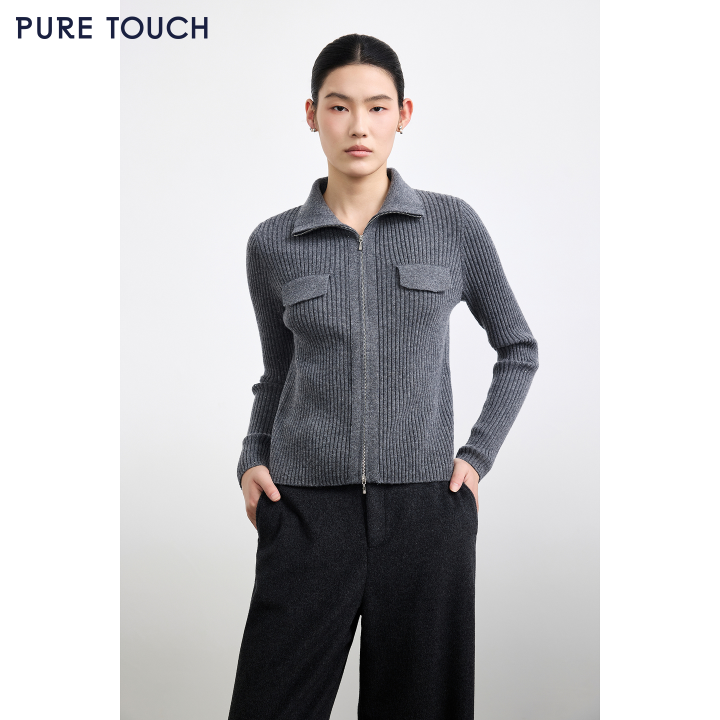 PURE TOUCH女装 25秋冬新款羊毛混纺针织开衫高领拉链毛针织外套