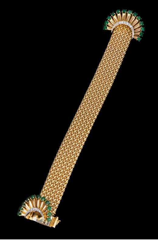 独角鹿西洋古董 1960年代法国出品装饰艺术风格18K黄金镶嵌祖母绿及钻石编织纹理手链 商品图4