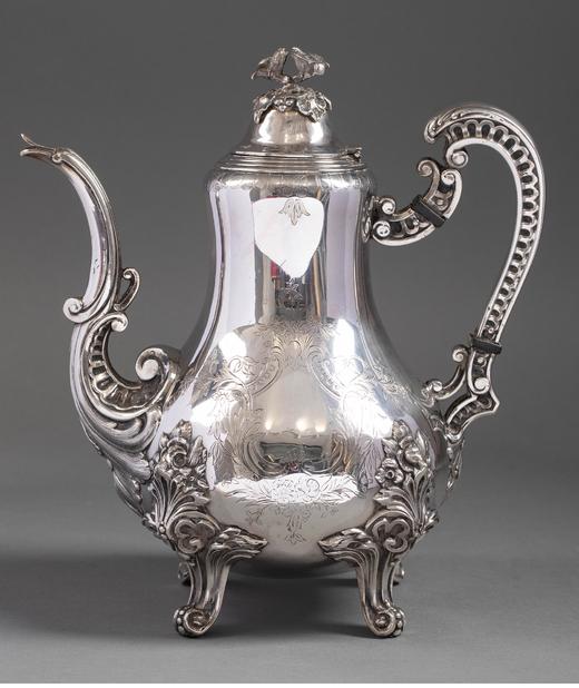 独角鹿西洋古董 19世纪法国出品路易十五风格古典花叶主题纯银精雕下午茶套件 商品图1