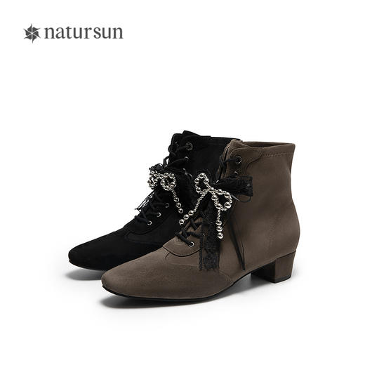 natursun英伦风时装靴女粗跟复古短靴显高时尚瘦瘦靴N25629103 商品图4