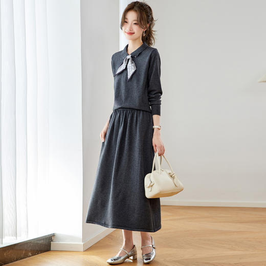 法式温柔风丝巾翻领上衣，针织半身裙套装CC-ML-9967 商品图0