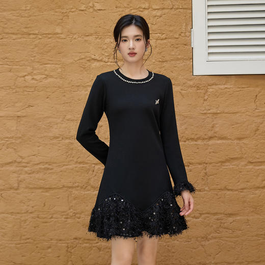 奢姿大码女装2025秋季减龄亮片粗花拼接连衣裙胖妹妹时尚圆领裙子9953894242 商品图0