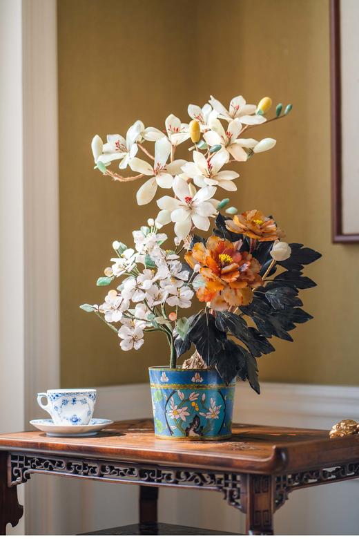 独角鹿西洋古董 20世纪中国创汇时期出品传统花卉纹景泰蓝盆装饰「玉堂富贵」珍宝像生盆景 商品图0