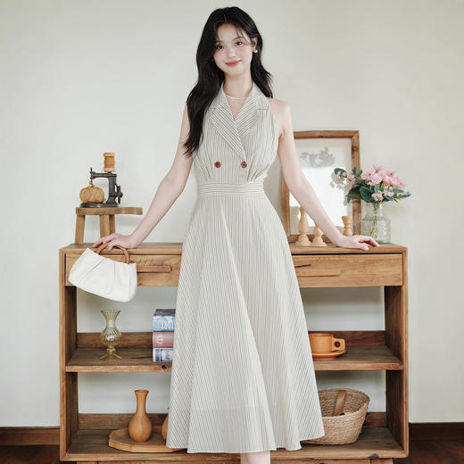 2025夏季新款气质优雅时尚条纹无袖西装领长款宽松显瘦收腰连衣裙 商品图3