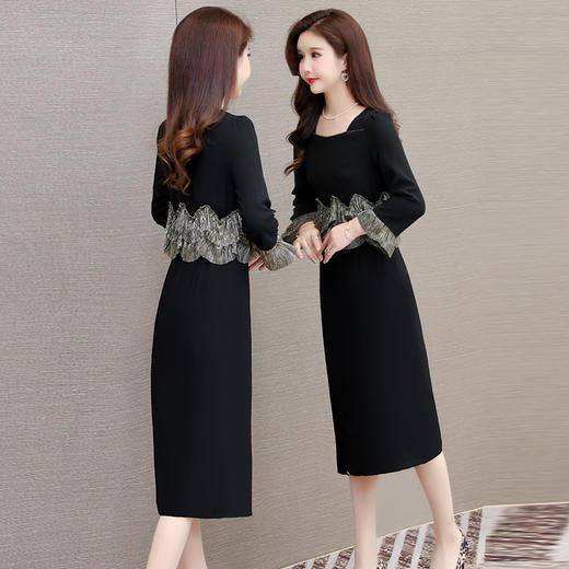 QYM F188-Y时髦连衣裙荷叶边拼结假两件包臀裙开衩裙 商品图2