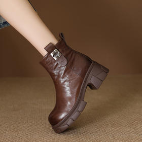 FR 85158短靴复古圆头粗跟加绒保暖马丁靴烟筒靴