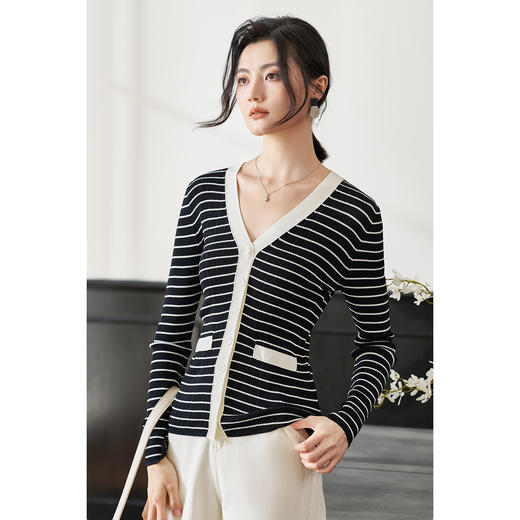 米思阳2026春季新款知性复古条纹针织衫撞色v领长袖开衫外套2257 商品图1