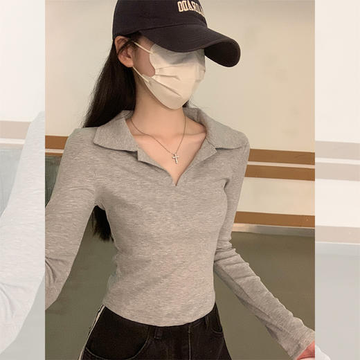 西遇正肩长袖T恤女秋季新款POLO领内搭修身显瘦上衣SS051507 商品图2
