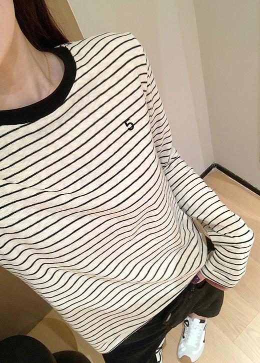 香香5号条纹T雪花肌理软糯植绒撞色长袖T恤 商品图1