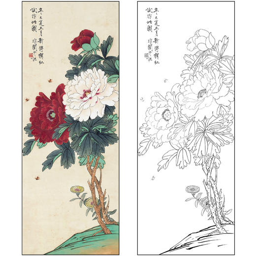 于非闇花鸟工笔画白描底稿牡丹蜜蜂《富贵加封》临摹勾线高清打印稿FA20 商品图0