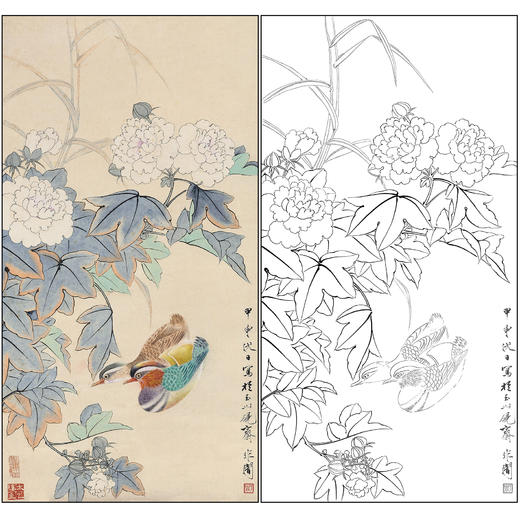 于非闇花鸟工笔画白描底稿《鸳鸯》临摹勾线高清打印稿FA29 商品图0