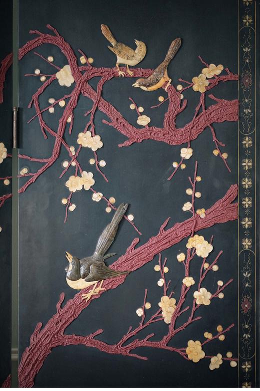 独角鹿西洋古董 20世纪中国出品花鸟奔马主题百宝嵌双面四曲屏风 商品图3