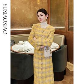 余潇潇【英伦格律】绵羊毛羊驼毛复古格纹花瓣波浪边外套&半裙套装