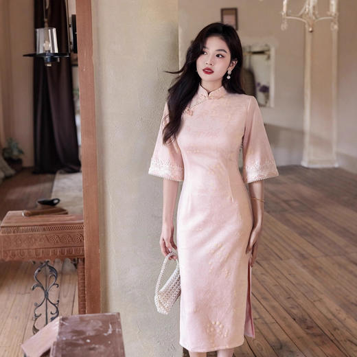 粉色改良新中式倒大袖旗袍麂皮绒年轻款YG2683 商品图3