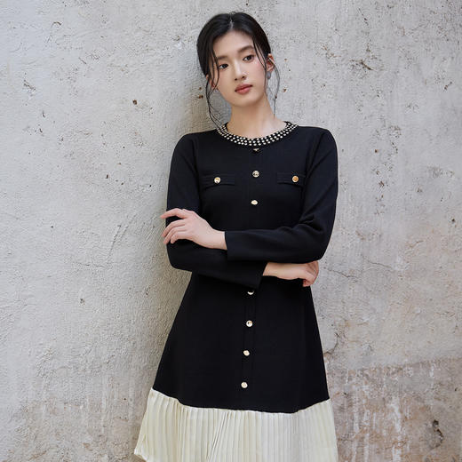 奢姿大码女装2025秋季胖妹妹时尚减龄水钻装饰撞色拼接针织连衣裙9853870316 商品图4