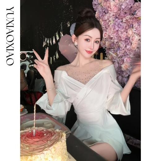 余潇潇【时髦海瑟薇】层次设计褶皱假两件拼接烫钻薄纱不规则连衣裙 商品图2