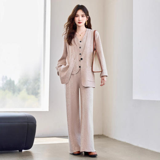 轻熟风针织外套阔腿裤套装，时尚洋气老钱风三件套HR-YBER602 商品图1