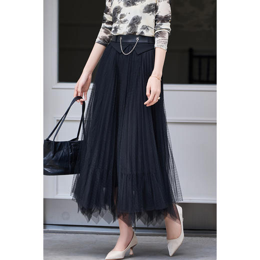 米思阳2026春季新款时尚气质黑色半身裙网纱百褶波点a字长裙0183 商品图1