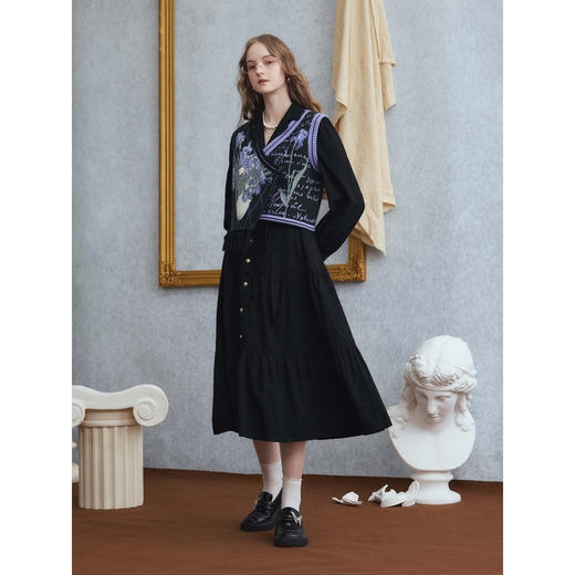 两三事梵高文艺 磨坊舞会 2025秋季新款字母刺绣绑带衬衫裙连衣裙 商品图3