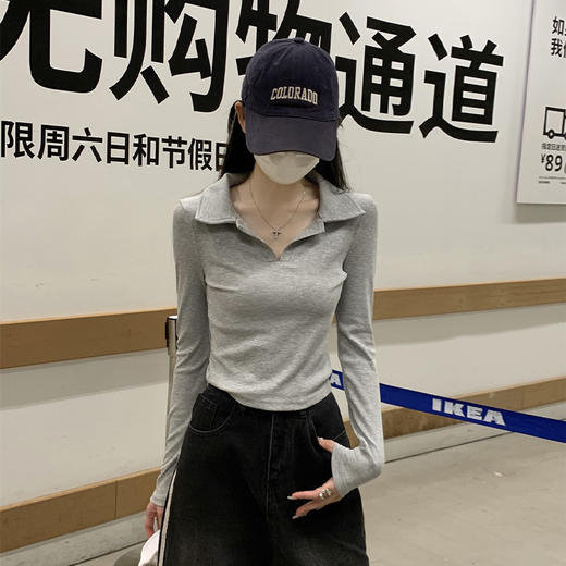 西遇正肩长袖T恤女秋季新款POLO领内搭修身显瘦上衣SS051507 商品图3