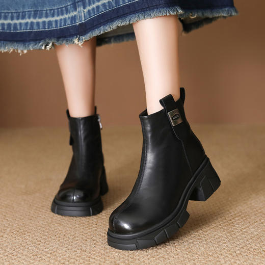 FR 85158短靴复古圆头粗跟加绒保暖马丁靴烟筒靴 商品图1