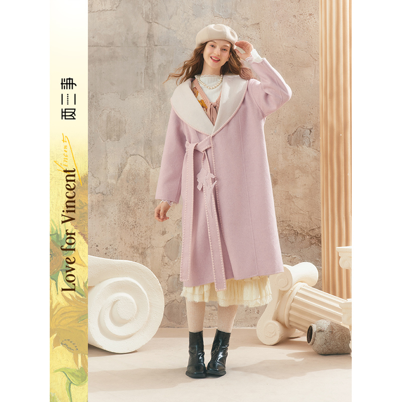 【暖冬内购】两三事梵高文艺冬日恋歌2025秋冬新款绣花腰带拼色双面毛呢外套女