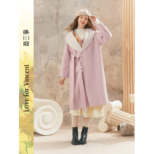 【暖冬内购】两三事梵高文艺冬日恋歌2025秋冬新款绣花腰带拼色双面毛呢外套女 商品图0