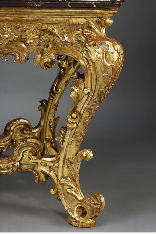 独角鹿西洋古董 18世纪中期意大利出品巴洛克风格贝纹卷叶主题铜鎏金精雕装饰红色大理石台面长桌 商品图3