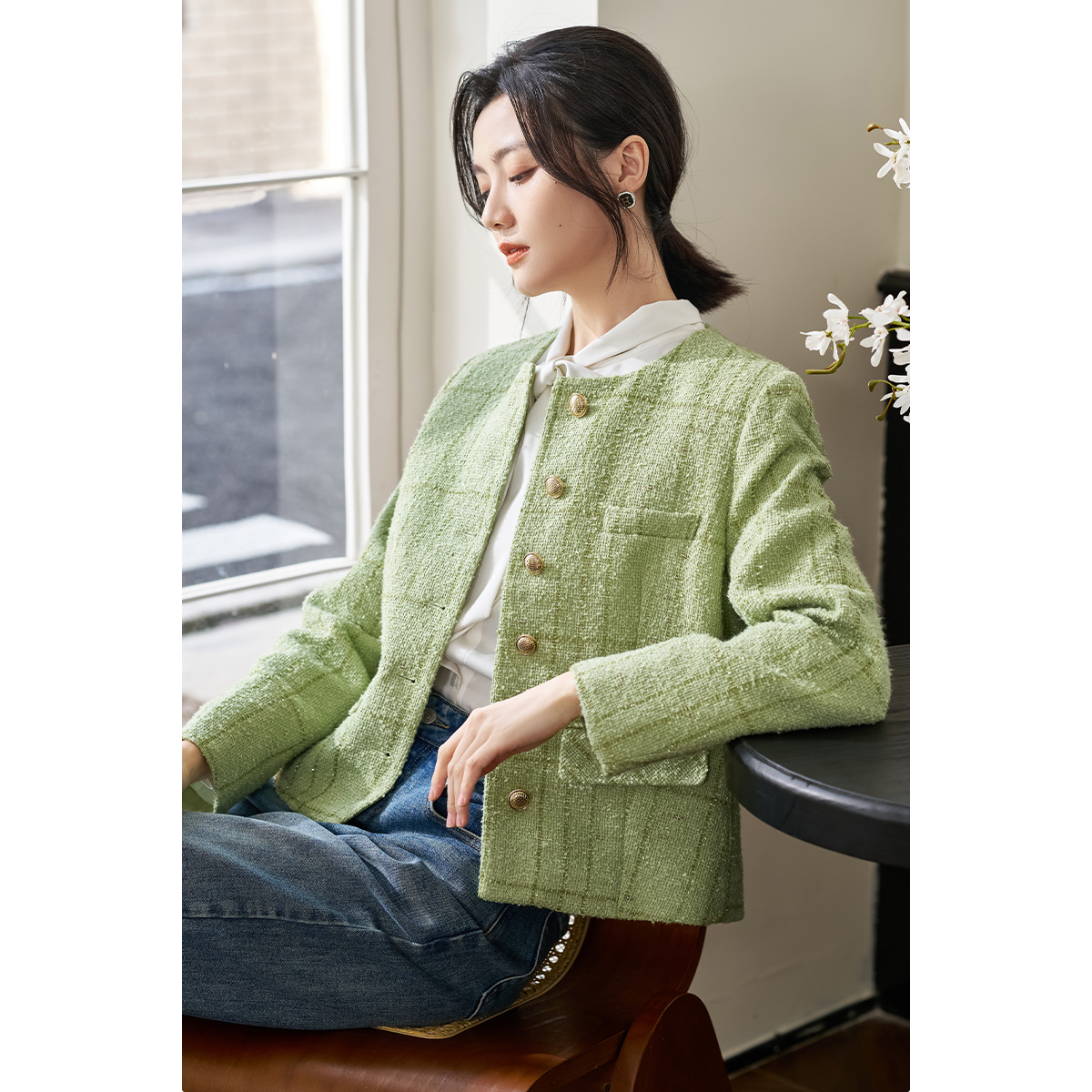 剩S/L 米思阳2026春季新款精致小香风格纹短外套单排扣保暖显白上衣0101