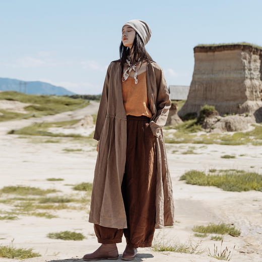 绽放604朵/亚麻斜襟腰部抽绳系带松弛感正常V领显瘦长袖连衣裙 商品图3