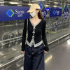 西遇假两件修身长袖T恤女秋季新款拼接V领蝴蝶结短款上衣SS051504 商品缩略图4