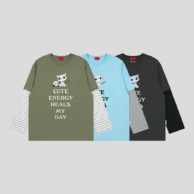 GOODBAI GOODEES 机器小猫撞色印花假两件长袖T恤