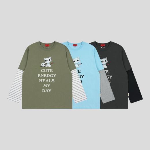 GOODBAI GOODEES 机器小猫撞色印花假两件长袖T恤 商品图0