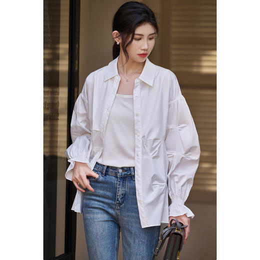 米思阳2026春季新款简约设计感纯棉衬衫泡泡袖褶皱宽松上衣女0256 商品图7