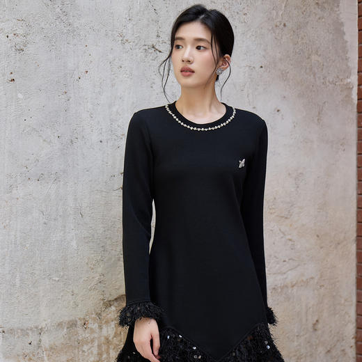 奢姿大码女装2025秋季减龄亮片粗花拼接连衣裙胖妹妹时尚圆领裙子9953894242 商品图4