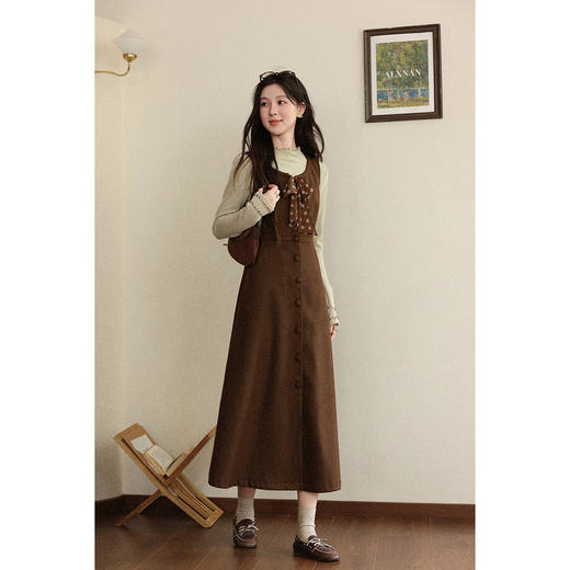 鹿向南「抹茶可可」法式咖色背心连衣裙女秋新款修身显瘦长款裙子 商品图1