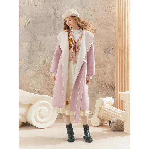 【暖冬内购】两三事梵高文艺冬日恋歌2025秋冬新款绣花腰带拼色双面毛呢外套女 商品图1