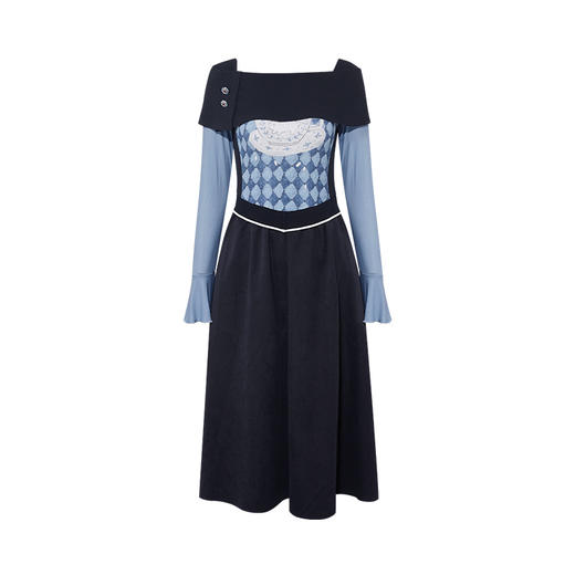 两三事 星空棋格 2025秋季新款复古一字肩花色针织裙a字连衣裙 商品图4