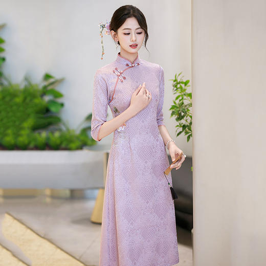 SC22015紫色国风新中式改良妈妈装秋季旗袍中袖2025新款女复古连衣裙春秋 商品图1
