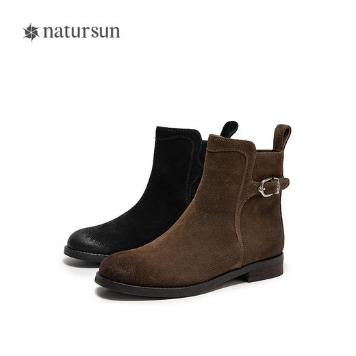 natursun复古弹力靴女棕色短筒靴显瘦百搭瘦瘦靴袜靴N25573512 商品图4