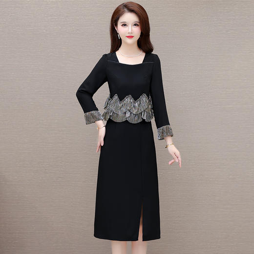QYM F188-Y时髦连衣裙荷叶边拼结假两件包臀裙开衩裙 商品图0