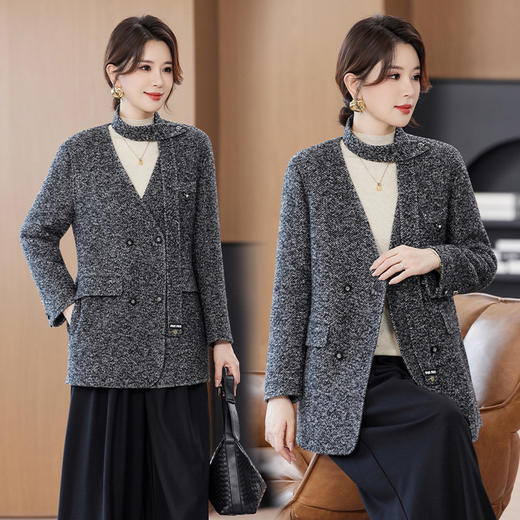 OSL 2525LN流行气质宽松条纹显瘦V领双面尼大衣外套 商品图1