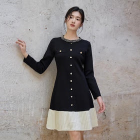 奢姿大码女装2025秋季胖妹妹时尚减龄水钻装饰撞色拼接针织连衣裙9853870316