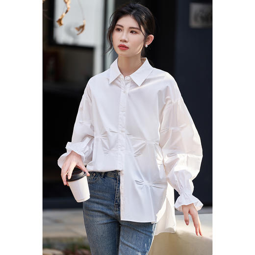 米思阳2026春季新款简约设计感纯棉衬衫泡泡袖褶皱宽松上衣女0256 商品图1