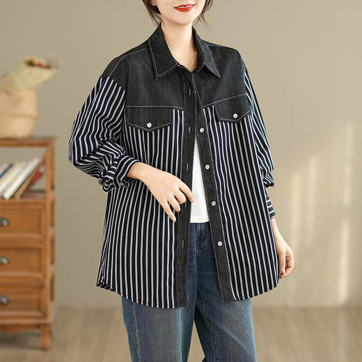 GYH 1779长袖宽松街头牛仔拼接条纹衬衫不规则上衣外套 商品图1