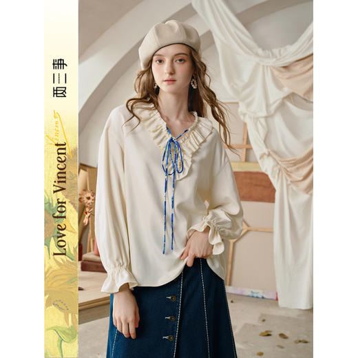 两三事梵高文艺 臆想画室 2025秋冬新款荷叶边v领绑带长袖衬衫女 商品图0