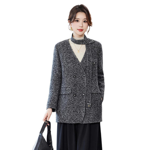 OSL 2525LN流行气质宽松条纹显瘦V领双面尼大衣外套 商品图4